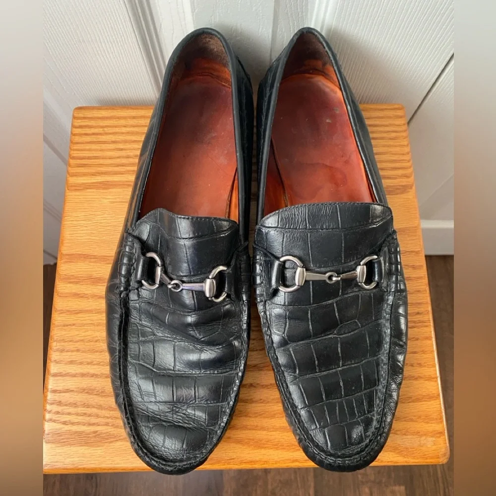 Peter Millar Black Croc Embossed Leather Horse Bit Driving Loafers SZ 12M